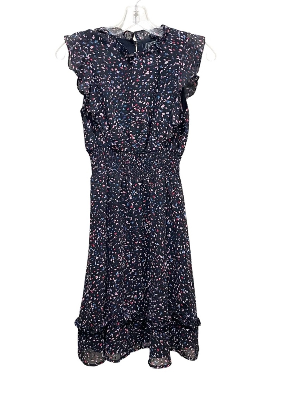 AQUA Girls Floral Black Ruffle Flutter Sleeve Smocked Waist Dress Size Large